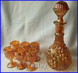 Imperial Marigold Grape Carnival Glass Decanter and 6 Cordial Glasses Vintage