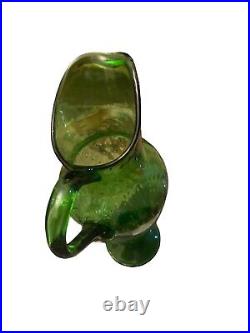Italian 1960 Vintage Handblown Pitcher Green Glass, Glass Decanter 16 Tall
