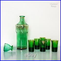 Italian 1970s Vintage Green Glass & Gold Filigree Decanter Set with Six Glasses