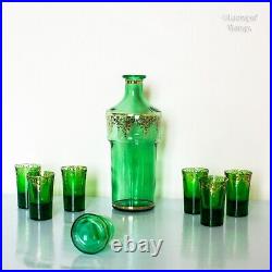 Italian 1970s Vintage Green Glass & Gold Filigree Decanter Set with Six Glasses