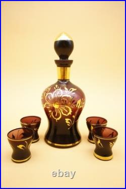 Italian Amethyst Glass Decanter with Set of 4 Glasses Vintage Empoli 10 h