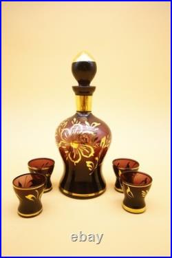 Italian Amethyst Glass Decanter with Set of 4 Glasses Vintage Empoli 10 h