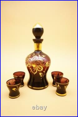 Italian Amethyst Glass Decanter with Set of 4 Glasses Vintage Empoli 10 h