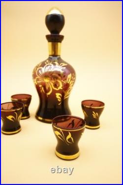 Italian Amethyst Glass Decanter with Set of 4 Glasses Vintage Empoli 10 h