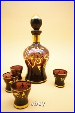 Italian Amethyst Glass Decanter with Set of 4 Glasses Vintage Empoli 10 h