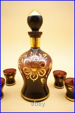 Italian Amethyst Glass Decanter with Set of 4 Glasses Vintage Empoli 10 h