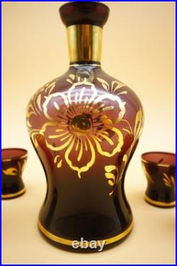 Italian Amethyst Glass Decanter with Set of 4 Glasses Vintage Empoli 10 h