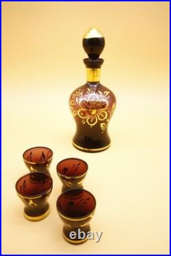 Italian Amethyst Glass Decanter with Set of 4 Glasses Vintage Empoli 10 h