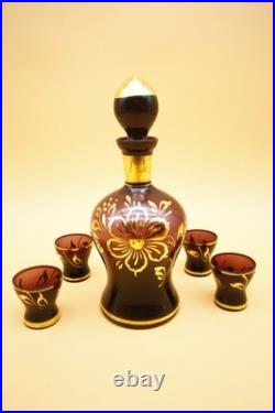 Italian Amethyst Glass Decanter with Set of 4 Glasses Vintage Empoli 10 h