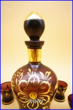 Italian Amethyst Glass Decanter with Set of 4 Glasses Vintage Empoli 10 h
