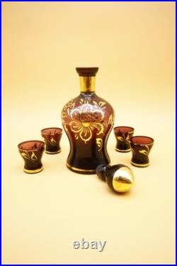 Italian Amethyst Glass Decanter with Set of 4 Glasses Vintage Empoli 10 h