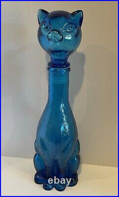 Italian EMPOLI Blue Glass Cat Decanter Genie Style Bottle with Stopper 15 VGC