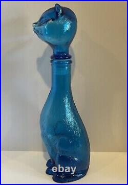 Italian EMPOLI Blue Glass Cat Decanter Genie Style Bottle with Stopper 15 VGC