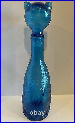 Italian EMPOLI Blue Glass Cat Decanter Genie Style Bottle with Stopper 15 VGC