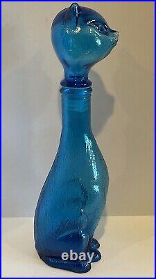 Italian EMPOLI Blue Glass Cat Decanter Genie Style Bottle with Stopper 15 VGC