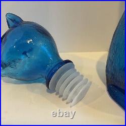 Italian EMPOLI Blue Glass Cat Decanter Genie Style Bottle with Stopper 15 VGC