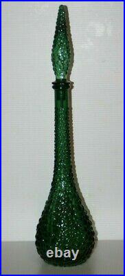 Italian Empoli Green Art Glass Decanter w Stopper Genie Bottle 22 Tall Vintage