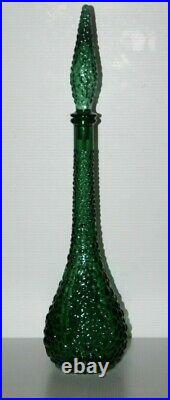 Italian Empoli Green Art Glass Decanter w Stopper Genie Bottle 22 Tall Vintage