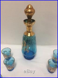 Italian Murano Decanter Venetian Gold Overlay Blue Glass Cordials Set Vintage