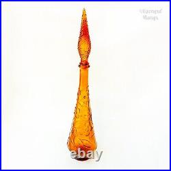 Italian Vintage EMPOLI Amber Glass Genie Bottle Flowers & Butterfly Design
