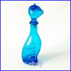 Italian Vintage EMPOLI Blue Glass Cat Decanter Genie Style Bottle with Stopper