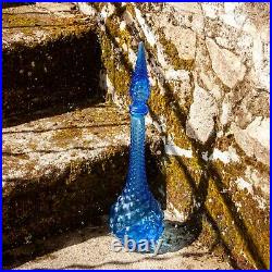 Italian Vintage EMPOLI Gentian Blue Glass Bubble Texture Genie Bottle Decanter