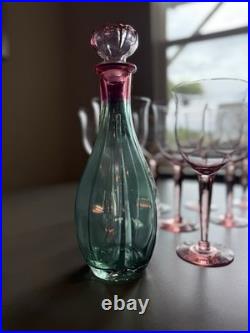 Italian Vintage Rainbow Glass Decanter & 10 Pink Stem Wine Glass Set luxury home