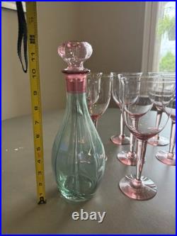 Italian Vintage Rainbow Glass Decanter & 10 Pink Stem Wine Glass Set luxury home