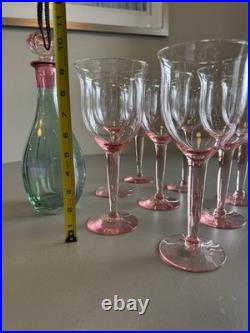 Italian Vintage Rainbow Glass Decanter & 10 Pink Stem Wine Glass Set luxury home