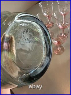 Italian Vintage Rainbow Glass Decanter & 10 Pink Stem Wine Glass Set luxury home