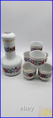 Kalocsa Decanter & 6 Glasses. Porcelain. Hand Paintedy. Hungary. Barware Vintage