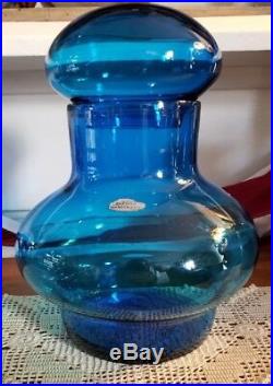 LARGE Blenko Glass #7328 Turquoise Blue Decanter Jar & Lid John Nickerson VTG 73