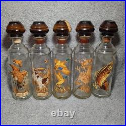 LOT (5) Vintage Cabin Still Sportsman's Collection glass whiskey decanters 60's