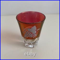 LUBIANA VTG 70's Cranberry Red Gold White Decanter 6 Shot Glasses Italy 1970'S