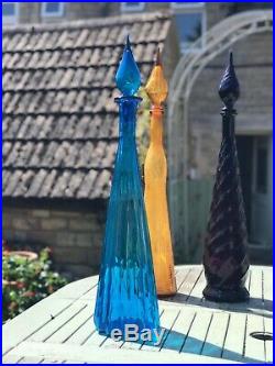 Large Blue Fluted Vintage MCM Italian Empoli Genie Bottle Decanter Glass
