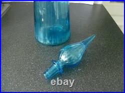 Large Blue Fluted Vintage MCM Italian Empoli Genie Bottle Glass Decanter 26
