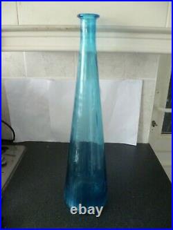 Large Blue Fluted Vintage MCM Italian Empoli Genie Bottle Glass Decanter 26