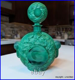 Large Emerald Green Czech Malachite Art Glass Bottle Decanter Flacon Vintage 9+