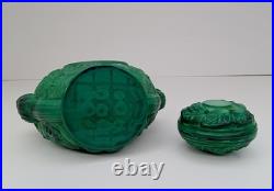 Large Emerald Green Czech Malachite Art Glass Bottle Decanter Flacon Vintage 9+