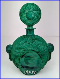 Large Emerald Green Czech Malachite Art Glass Bottle Decanter Flacon Vintage 9+