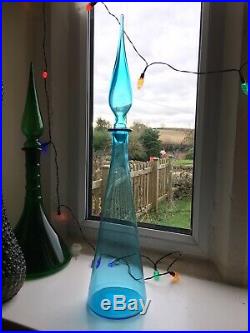 Large Ice Blue Vintage MCM Italian Empoli Glass Genie Bottle Decanter 1960s