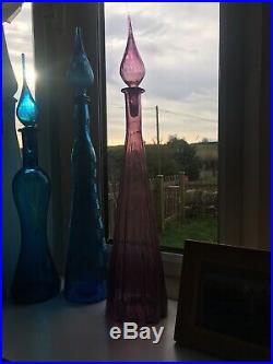 Large Mauve Fluted Vintage MCM Italian Empoli Glass Genie Bottle Decanter 1960s