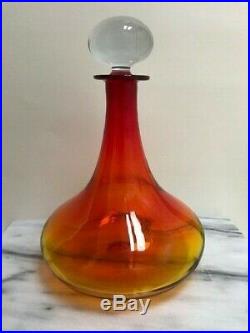 Large Vintage Blenko Tangerine Amberina Glass Decanter with Crystal Clear Stopper