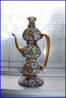 Large Vintage Spanish Art Glass Decanter Hand Blown and Enameled