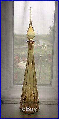 Large Yellow Amber Fluted Vintage MCM Italian Empoli Genie Bottle Decanter Glass