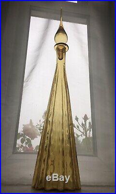 Large Yellow Amber Fluted Vintage MCM Italian Empoli Genie Bottle Decanter Glass
