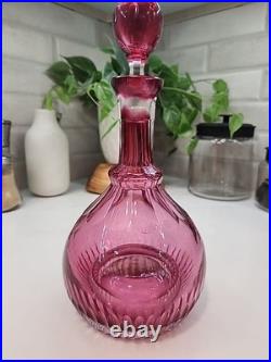 Larve Vintage Cranberry Art Glass Decanter Beautiful Etching On The Bottle NICE