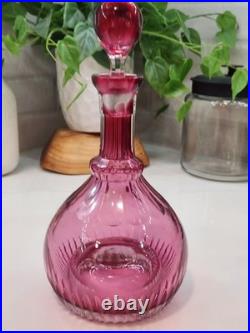 Larve Vintage Cranberry Art Glass Decanter Beautiful Etching On The Bottle NICE