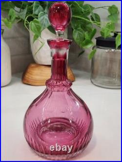 Larve Vintage Cranberry Art Glass Decanter Beautiful Etching On The Bottle NICE