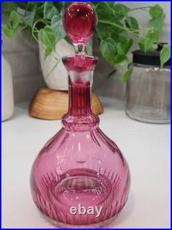 Larve Vintage Cranberry Art Glass Decanter Beautiful Etching On The Bottle NICE